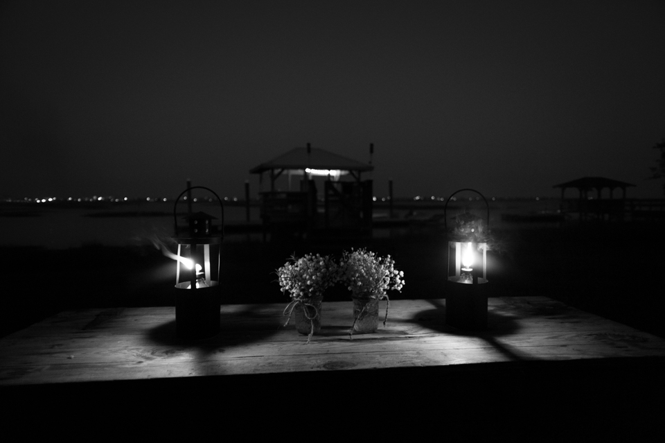 marsh view at dusk in black and white